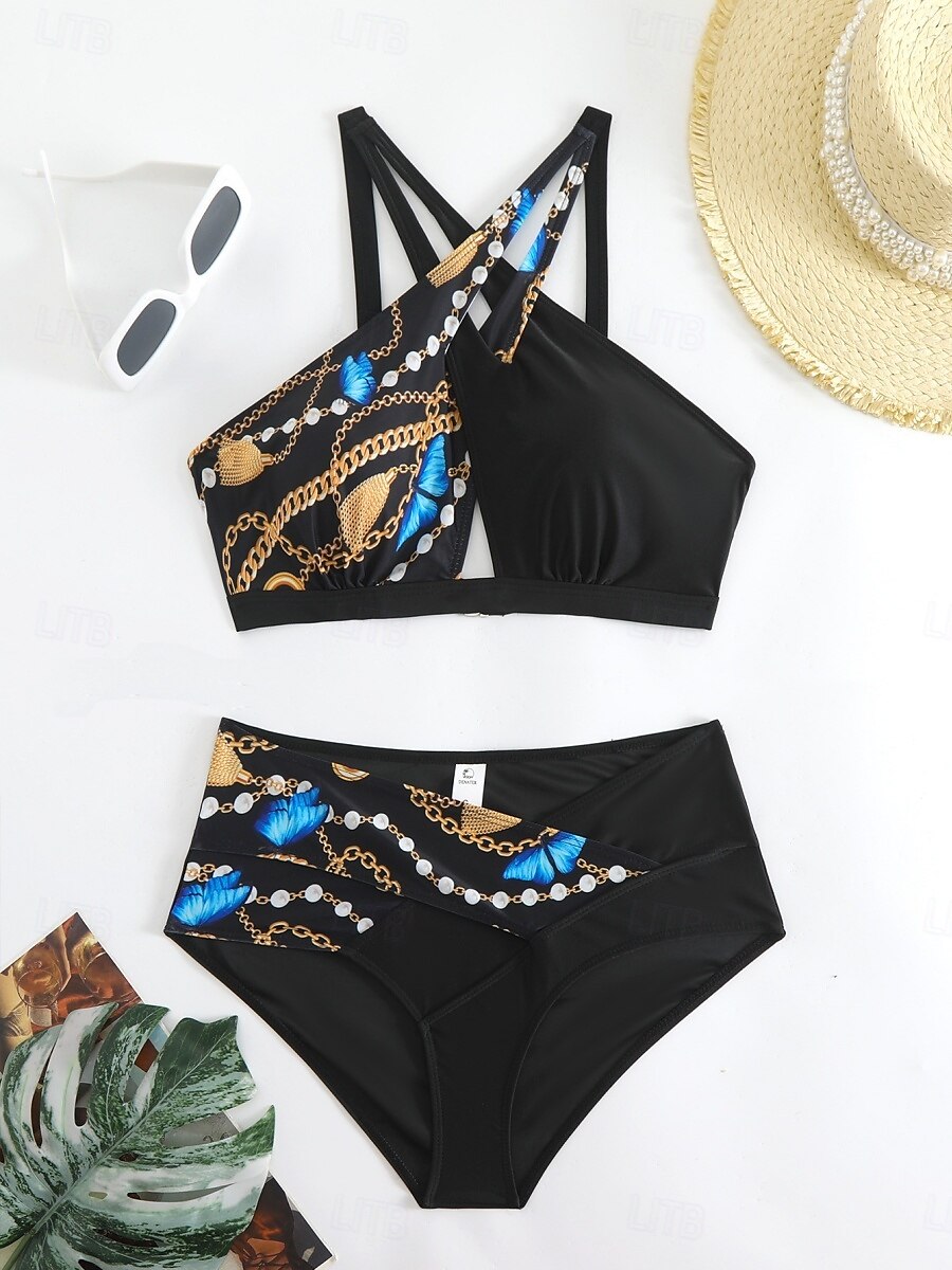 Dam Badkläder Bikini 2 st Kaxig Baddräkt Öppen rygg Smal Semester Standkläder Grafisk Halterneck Ärmlös Baddräkter 2025 - $29.99 –P2