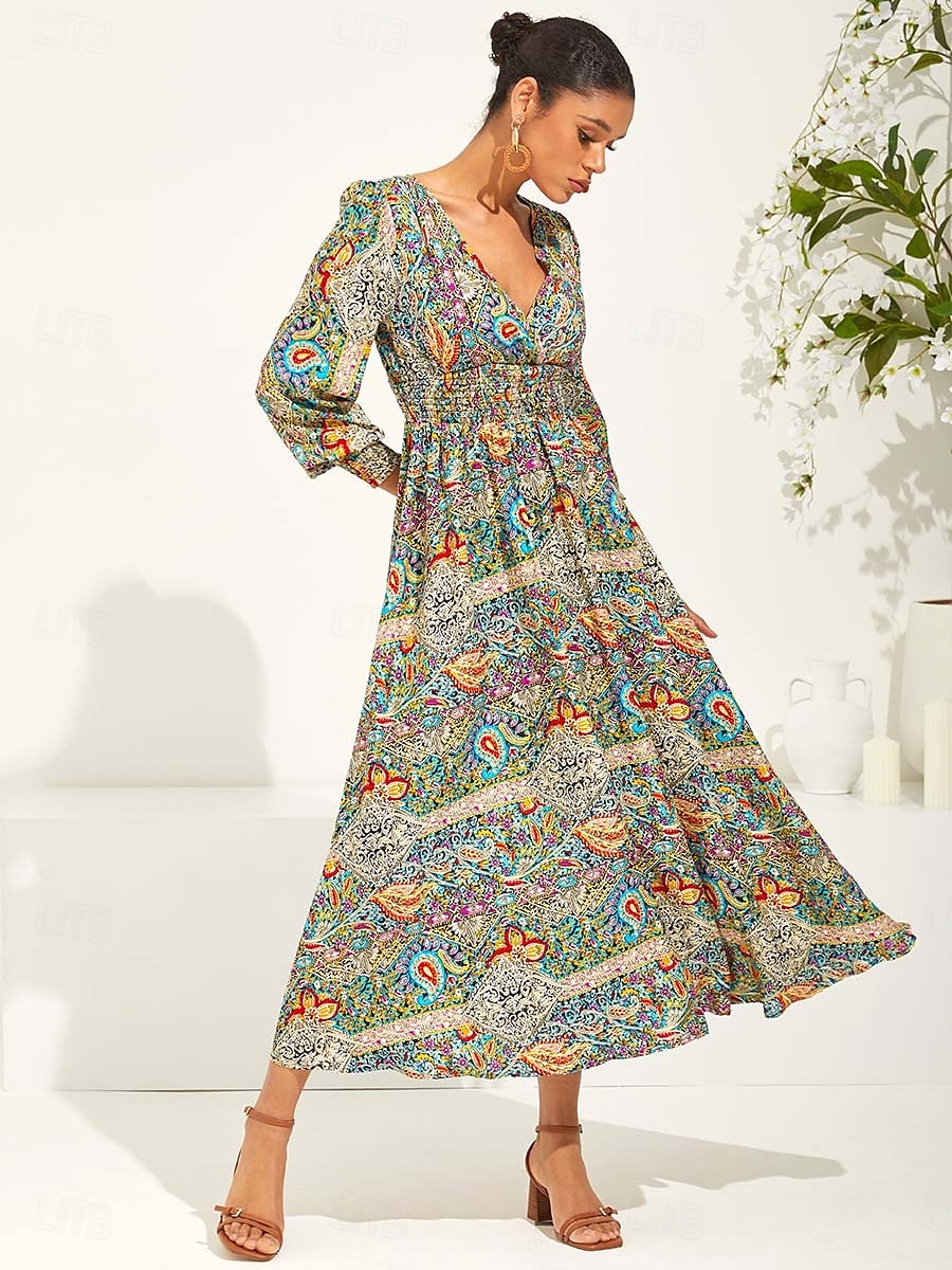 Femme Robe Maxi Robe ethnique Robe Évasée Elégant mode Vacances Ample Graphic Cachemire manche longue Col V Vert Eté Printemps de 2025 ? $39.99 –P3