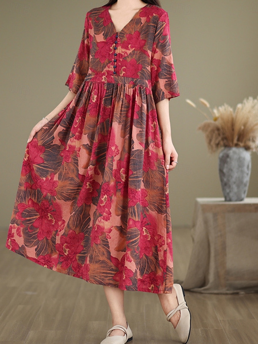 Damen Maxikleid Baumwoll-Leinen-Kleider Freizeitkleid Basic Lässig Urlaub Täglich Normale Passform Blumen Kurzarm V Ausschnitt Rote Sommer 2025 - $42.99 –P1