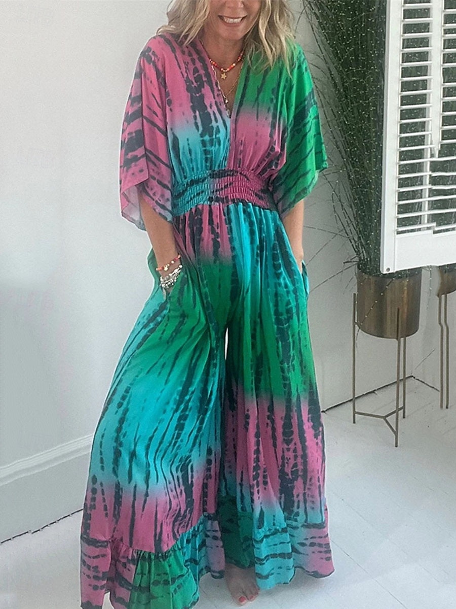 Mulheres Normal Macacão Ativo Tintura Tie Dye Meia Manga Decote V Cintura Alta Férias Diário Normal Verde Verão de 2026 por $46.99 –P2