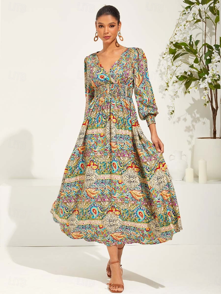 Femme Robe Maxi Robe ethnique Robe Évasée Elégant mode Vacances Ample Graphic Cachemire manche longue Col V Vert Eté Printemps de 2025 ? $39.99 –P2
