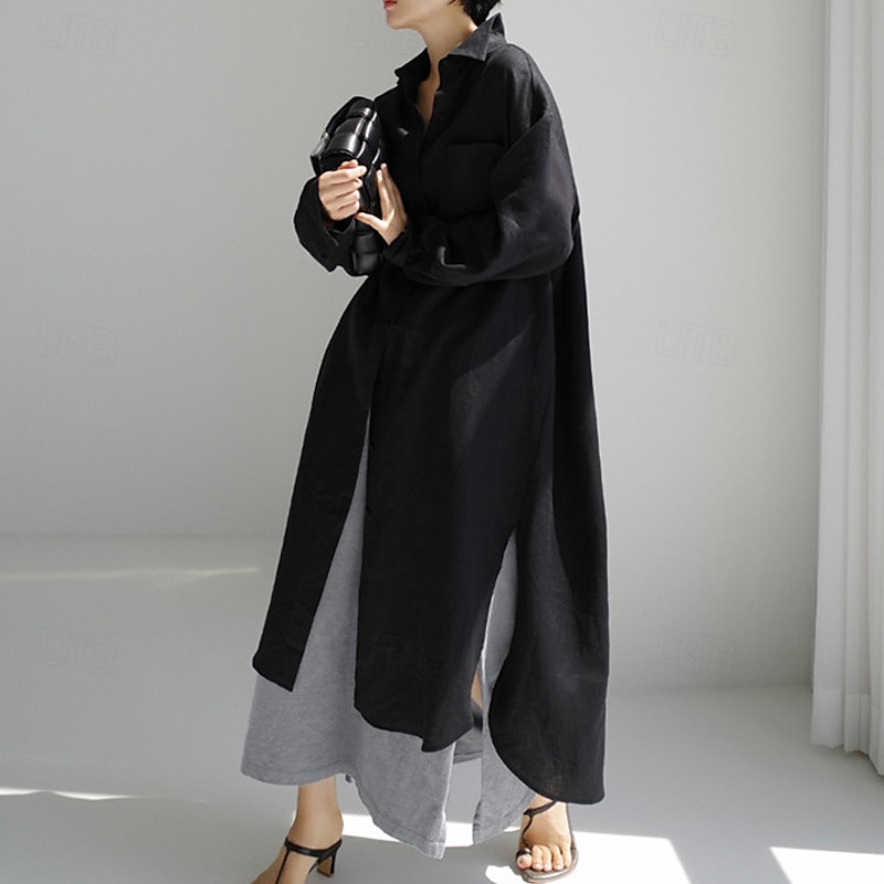 Damen Langes Kleid Maxikleid Leinen-inspirierte Kleider Hemdblusenkleid Freizeitkleid Baumwoll-Leinenkleid Stilvoll Lässig Urlaub Täglich Date Normale Passform Einfach Langarm Revers Schwarz 2025 - $28.99 –P12