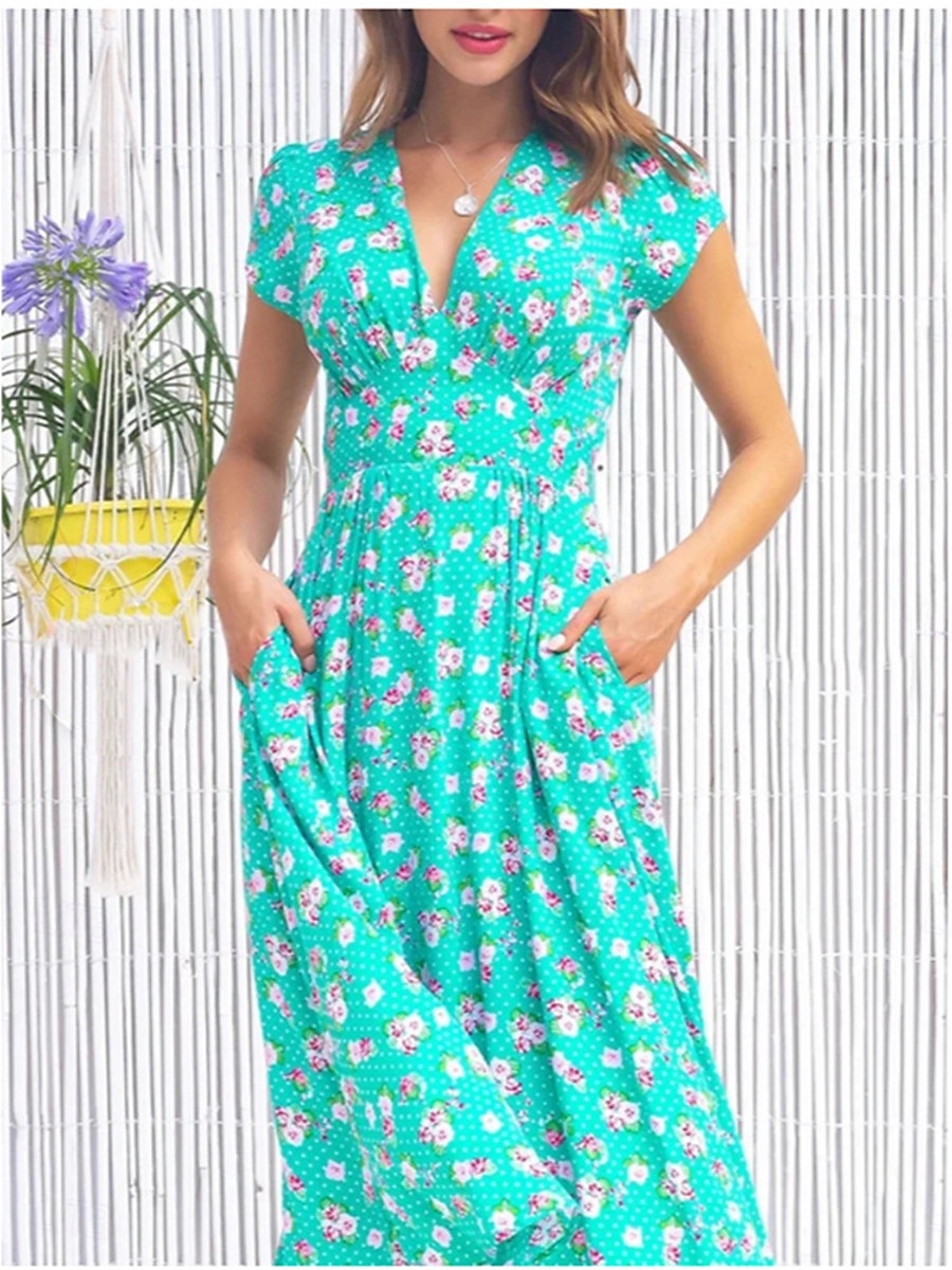női munkaruha alkalmi ruha vonalas ruha elegáns irodai napi munkadivat midi ruha zseb v nyak rövid ujjú virágos szabályos szabás sárga piros kék nyári tavaszi s m l xl 2xl 2025 - $25.99 –P8