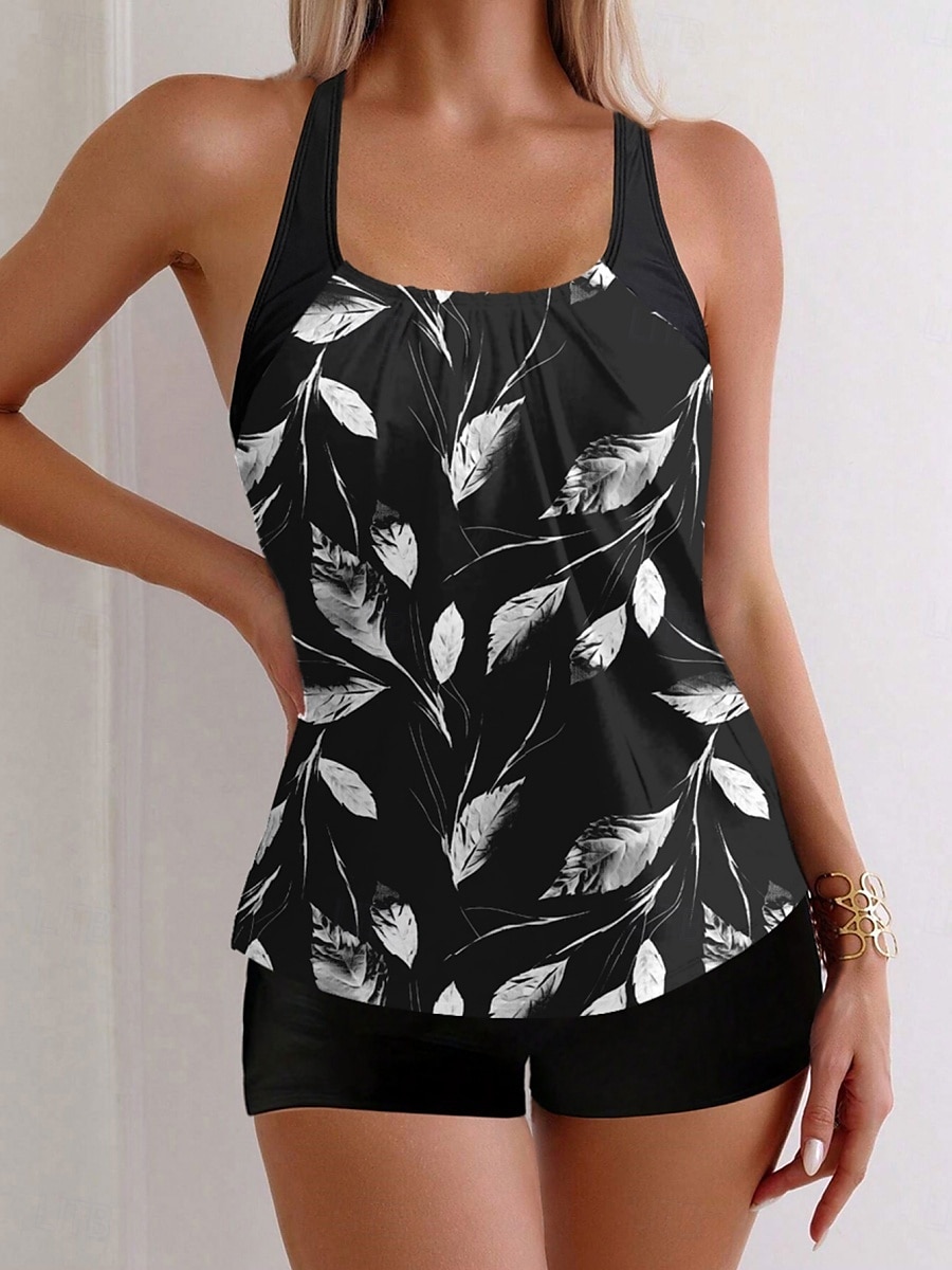 Dam Badkläder Tankini 2 st Pojkeben Baddräkt Öppen rygg Hög midja Semester Standkläder Löv Rund Ärmlös Baddräkter 2025 - $29.99 –P1