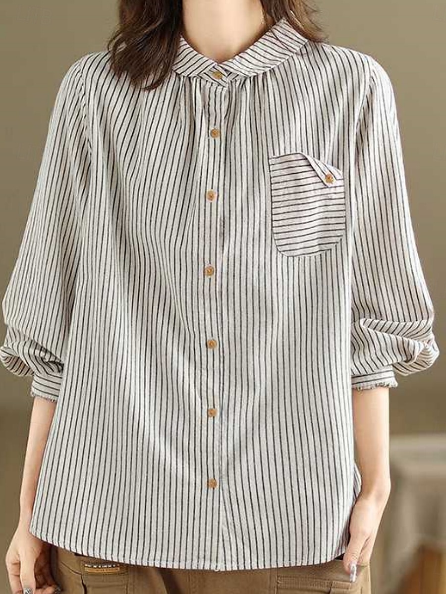 Dames Overhemd Katoenen linnen overhemden Knoop omhoog Blouse Gestreept Stijlvol Casual Lange mouw Overhemdkraag Normale tops Dagelijks Knop Afdrukken Zwart Wit Zomer Lente Herfst 2025 - $25.99 –P1