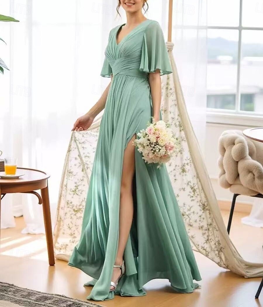 Linha A Vestido de Madrinha Decote V Manga Curta Frente Única Longo Chiffon / Elastano com Fru-Fru / Pregueado / Franzido 2022 de 2025 por $162.99 –P4