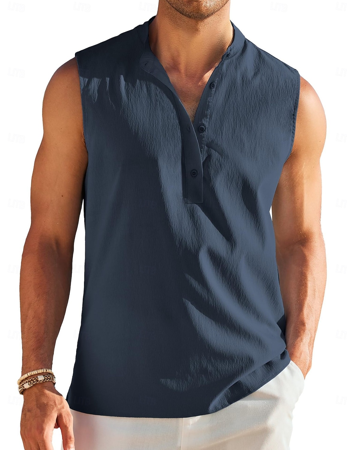 Herren leinenhemd Tank Top Henley Hemd Weste Ärmellos Henley Sommer Einfach Mode Designer Muskel Knöpfe Outdoor Ausgehen Fitnessstudio Schwarz Weiß Marineblau Top T-Shirt für Herren 2026 - $18.99 –P11