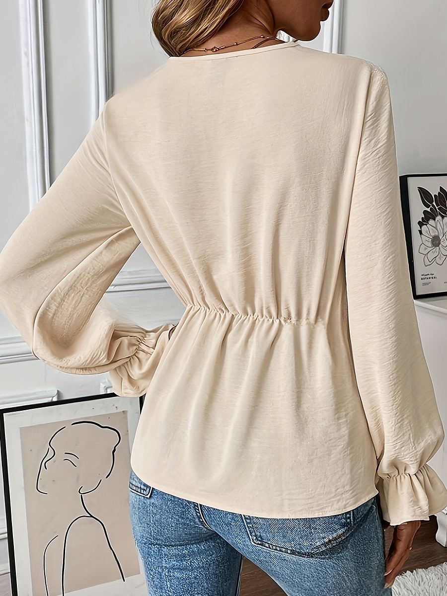 Femme Chemise Chemisier Couleur unie mode Décontractées manche longue Col V Hauts réguliers du quotidien nouer devant Kaki Printemps Automne de 2025 ? $32.99 –P2