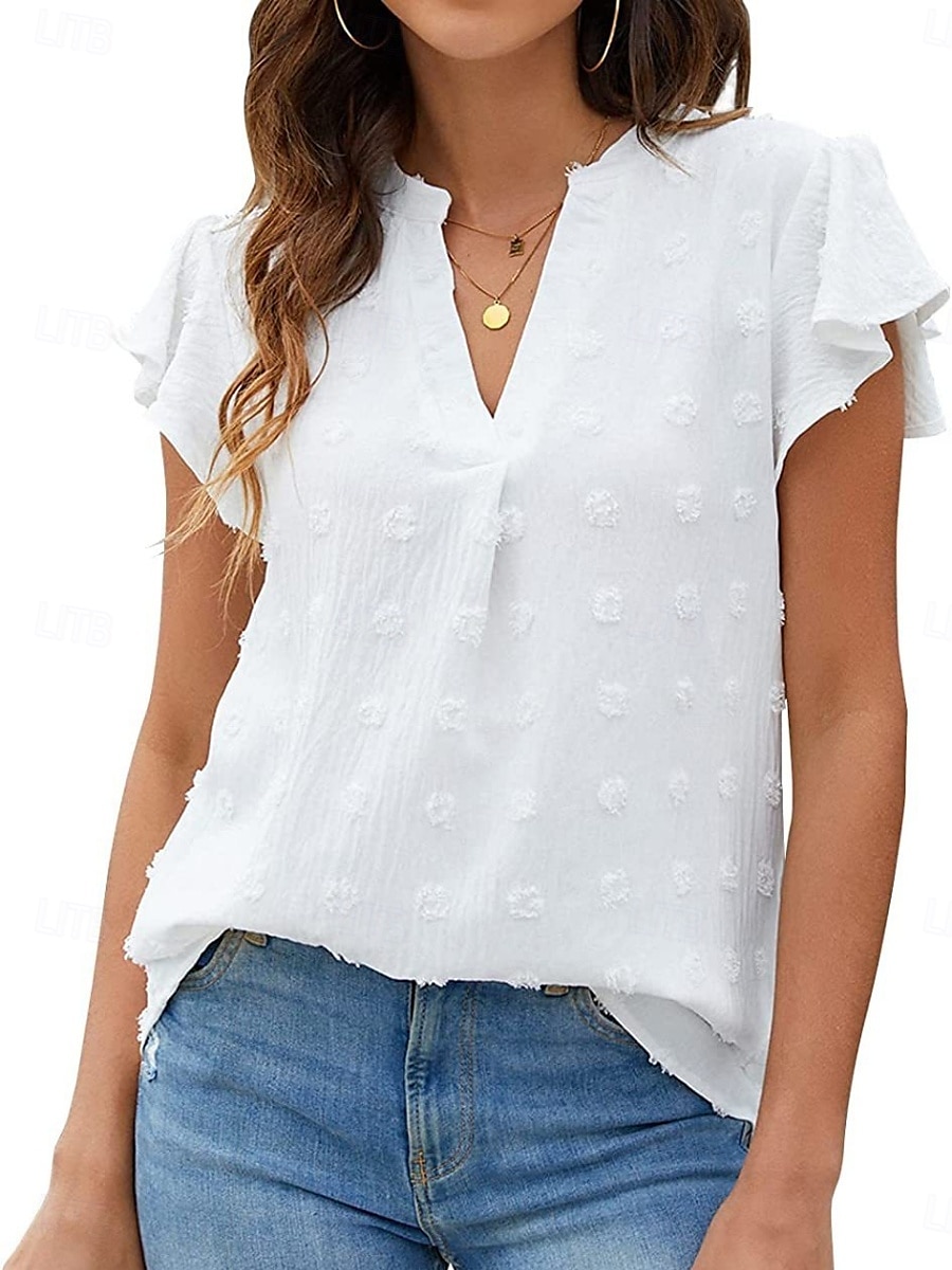 Femme Chemise Chemisier Couleur unie mode Décontractées Manche Courte Col cranté Hauts réguliers du quotidien A Volants Blanche Beige Eté de 2025 ? $23.99 –P1