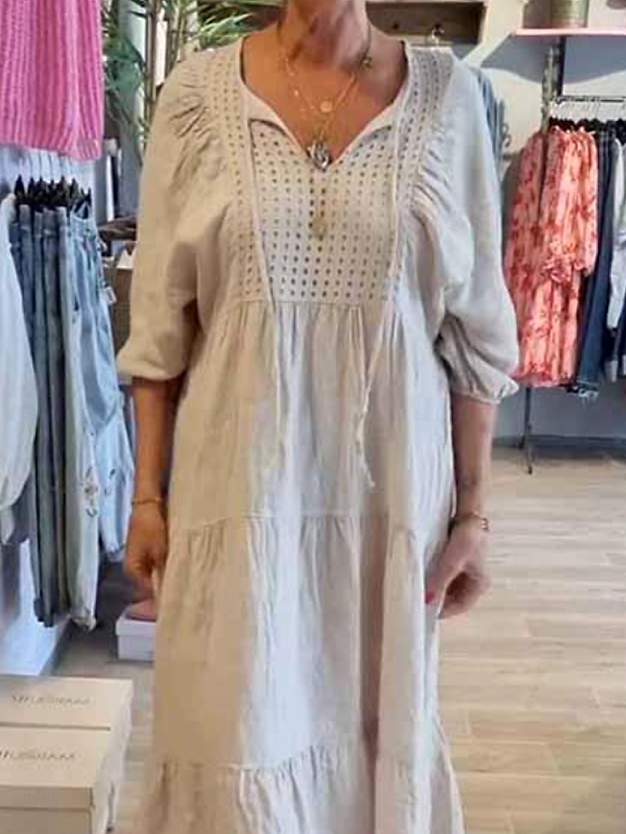 Dam Maxiklänning Linneinspirerade klänningar Vit klänning Solklänning Vit bomullsklänning Ledigt Semester Dagligen Lös passning 3/4 ärm Naggad hals Kaki Beige Sommar Vår 2025 - $36.99 –P5