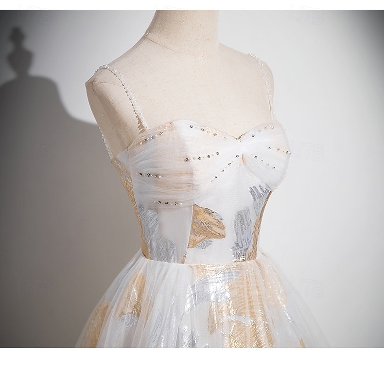 Floral Gold Ball Gown A-Line Prom Dresses Vintage Dress Formal Masquerade Floor Length Sleeveless Spaghetti Strap Tulle with Glitter Wedding Guest Dress 2025 - €106.19 –P6