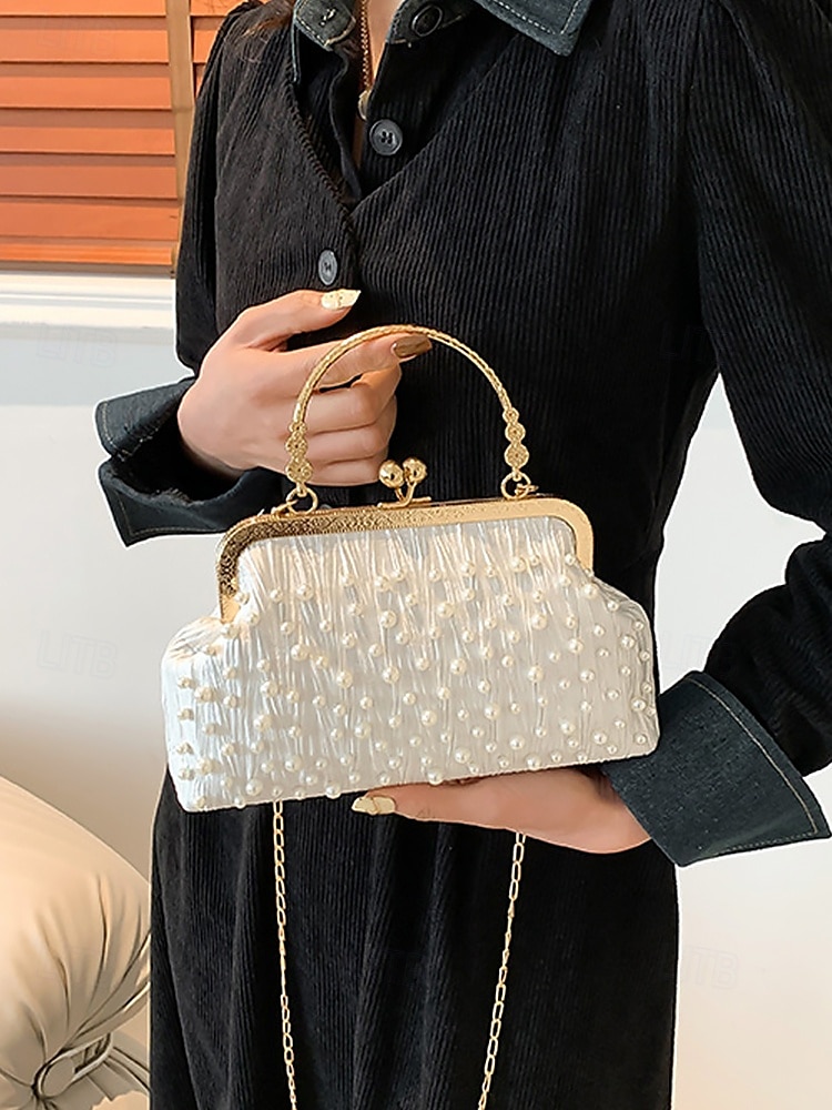 Vintage Pearl Beaded Clutch Bag – Elegant Women's Evening Handbag with Gold Frame and Chain Strap for Weddings, Parties and Formal Events Black White Khaki 2025 - $18.99 –P2