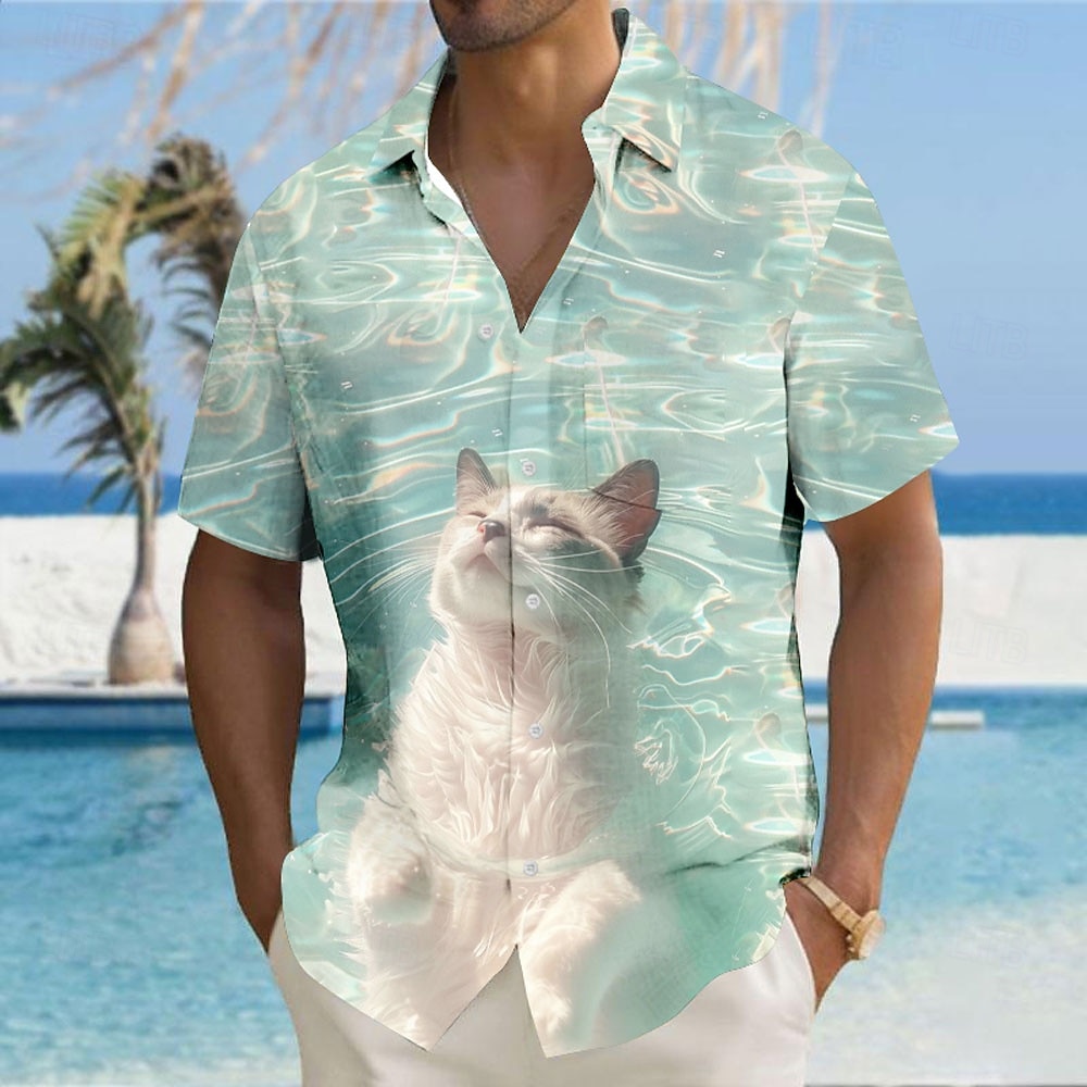 Homme Chat Illusion d'optique Vagues Chemise Chemise Boutonnée Manche Courte Mode Décontractée Vacances Fête Tenue de plage Été Automne Col Rabattu Impression 3D chemises à col Une poche avant Bleu de 2026 ? $25.99 –P7