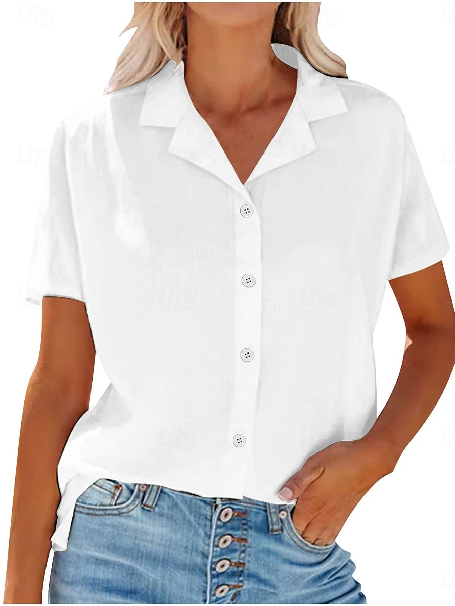 Damen Hemd Baumwoll-Leinen-Hemden Knopfleiste Bluse Einfarbig Stilvoll Lässig Kurzarm Hemdkragen Normale Oberteile Täglich Knöpfe Tasche Weiß Gelb Leicht Blau Sommer 2025 - $28.99 –P2