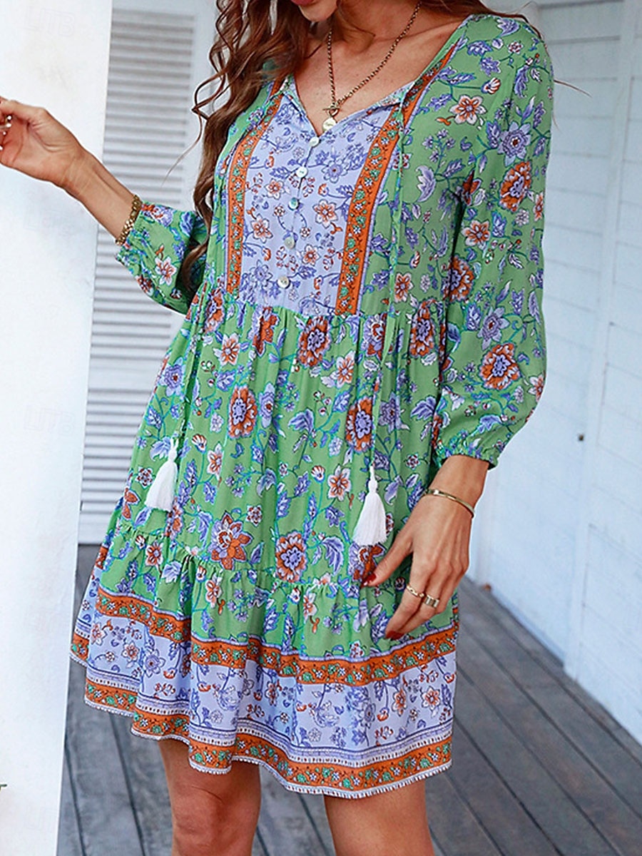 Damen Minikleid Casual kleid Boho Chic Kleider Boho-Kleid Böhmen Kuschelig Stilvoll Urlaub Täglich Strand Lockere Passform Graphic Langarm V Ausschnitt Rote Grün Frühling Herbst 2025 - $32.99 –P3