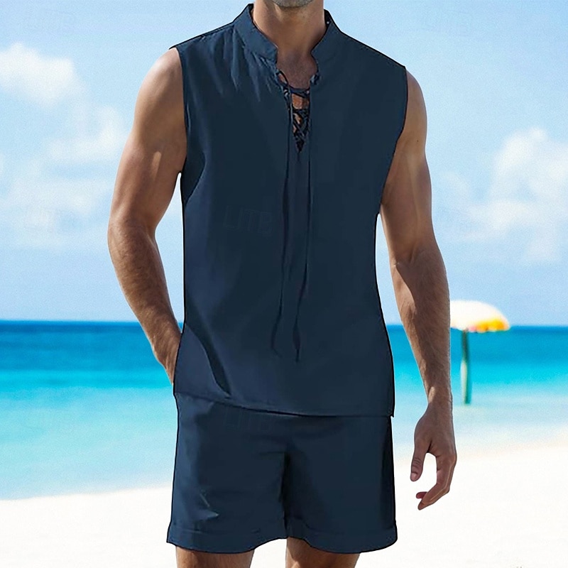Per uomo 2 pezzi Completo di camicia Set estivo Set abbinati Abbigliamento mare Liscio Da mare Giornaliero Nero Bianco Blu marino Cachi Senza maniche Colletto Estate Abbigliamento del 2025 a $34.99 –P3