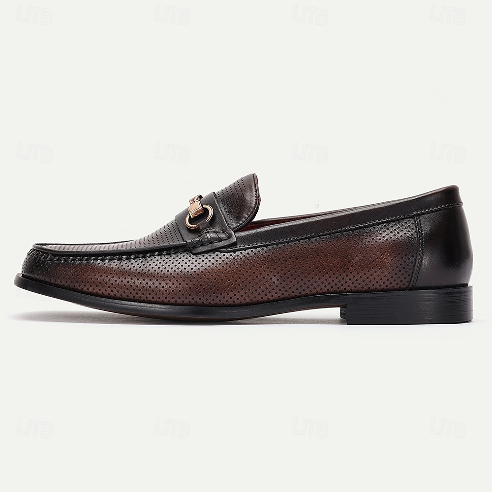 Men's Perforated Brown Leather Loafers – Premium Cowhide, Metal Buckle Decoration, Breathable Business Casual Shoes for Office and Formal Events 2025 - $94.99 –P2