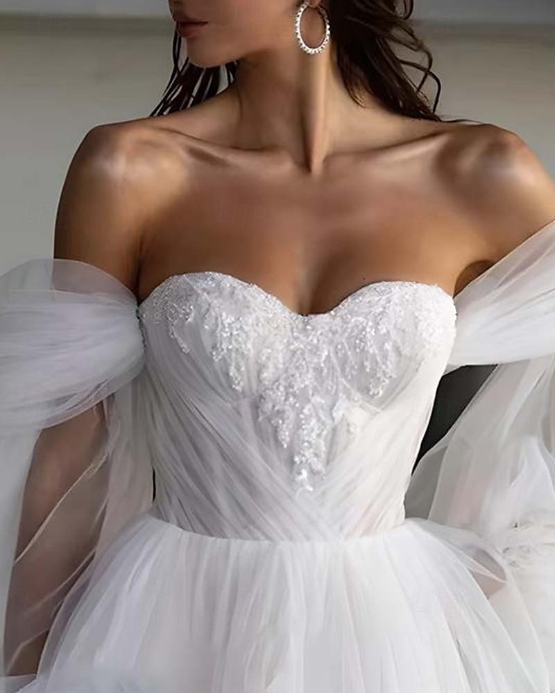Beach Wedding Dresses A-Line Sweetheart Puff Sleeve Tulle Bridal Gowns With Ruched Details 2025 - $204.39 –P4