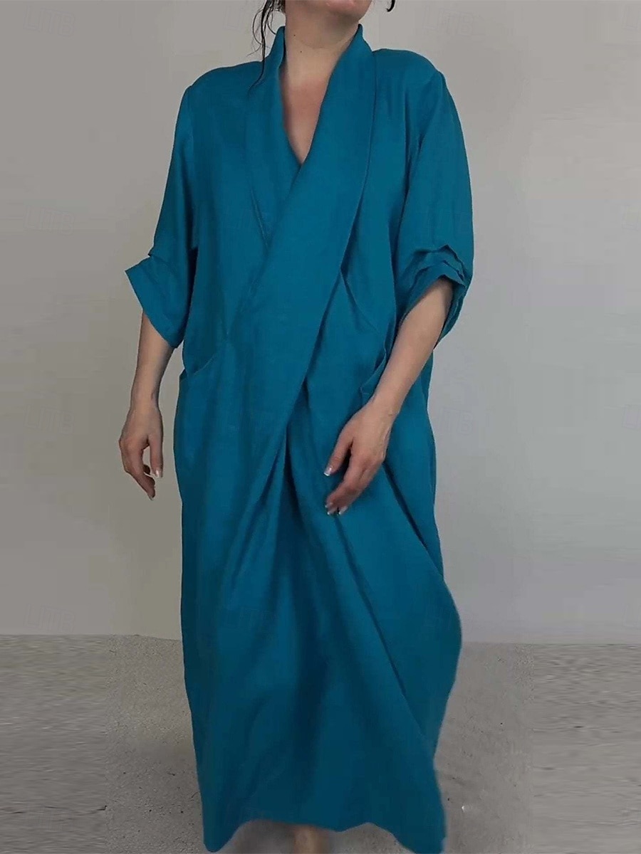 Damen Maxikleid Baumwoll-Leinen-Kleider Baumwoll-Leinenkleid Stilvoll Basic Lässig Urlaub Täglich Normale Passform Einfach Langarm V Ausschnitt Weiß Blau Frühling Herbst 2025 - $36.99 –P2