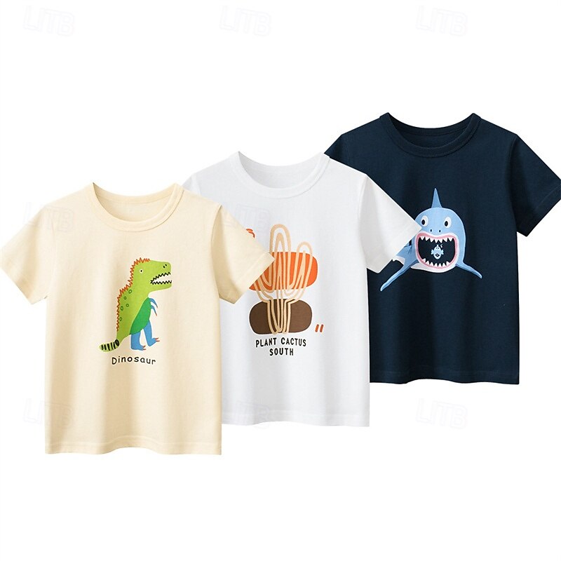 Multi Packs 3pcs Boys Crew Neck Short Sleeves Black+White+Light Blue T Shirt Cartoon Vacation Daily Wear 100% Cotton Spring & Summer 2025 - $17.49 –P2