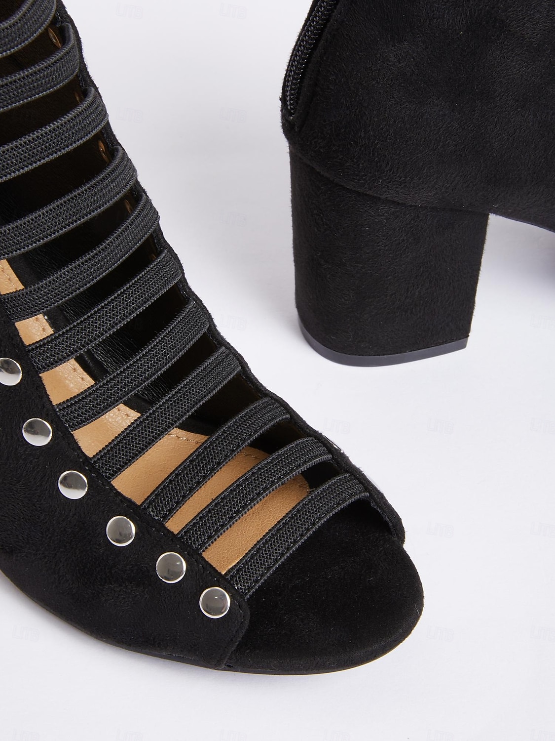 γυναικεία μαύρα πέδιλα με λουράκια με τακούνι με λεπτομέρειες με καρφιά – μοντέρνο σχέδιο peep-toe για ρούχα γραφείου και πάρτι 2025 - $54.99 –P3