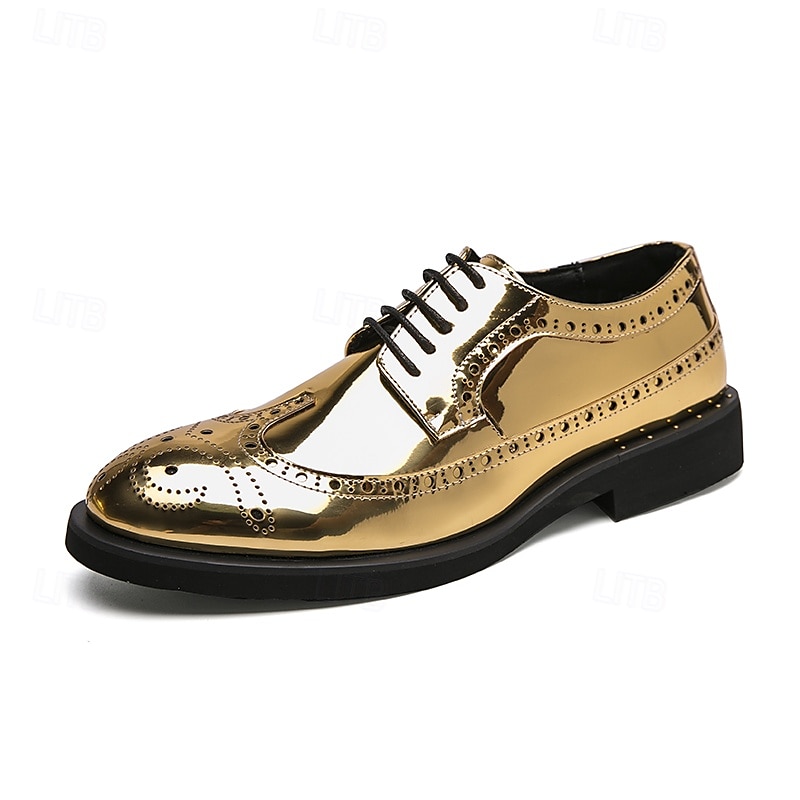 scarpe brogue da uomo in finta pelle verniciata color oro - design classico con lacci a punta per eventi formali, feste e matrimoni del 2025 a $46.99 –P2