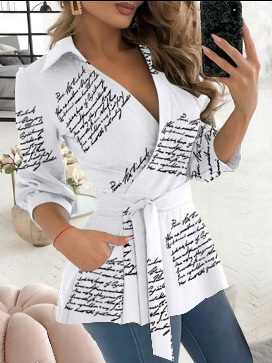 Women's Shirt Blouse Geometric Butterfly Letter Stylish Casual Long Sleeve V Neck Regular Tops Daily Buttons Pocket Black White Blue Green Summer Spring 2025 - $29.99 –P5