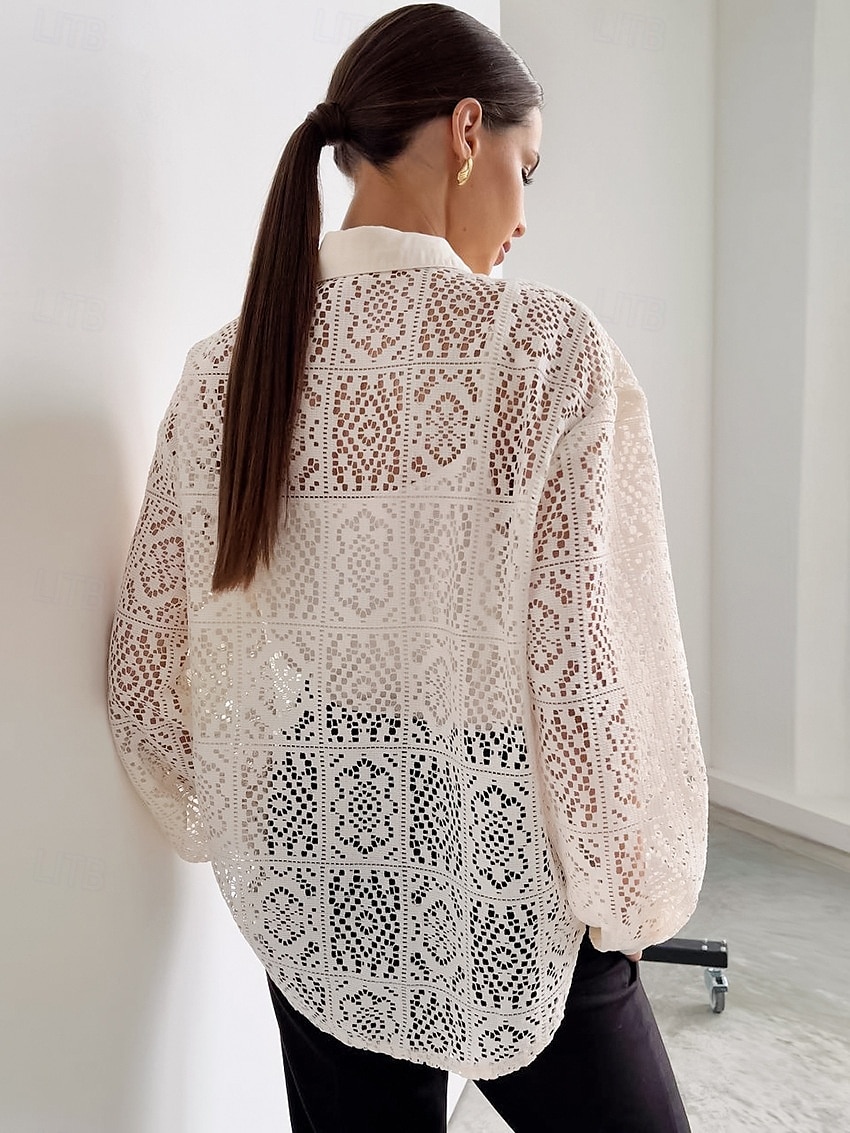 Damskie Koszula Koszula Boho Elegancja Długi rękaw Biskup Kołnierzyk koszuli Długie topy Codzienny Święto Oczko Beżowy Lato Wiosna Jesień 2025 - $27.99 –P2