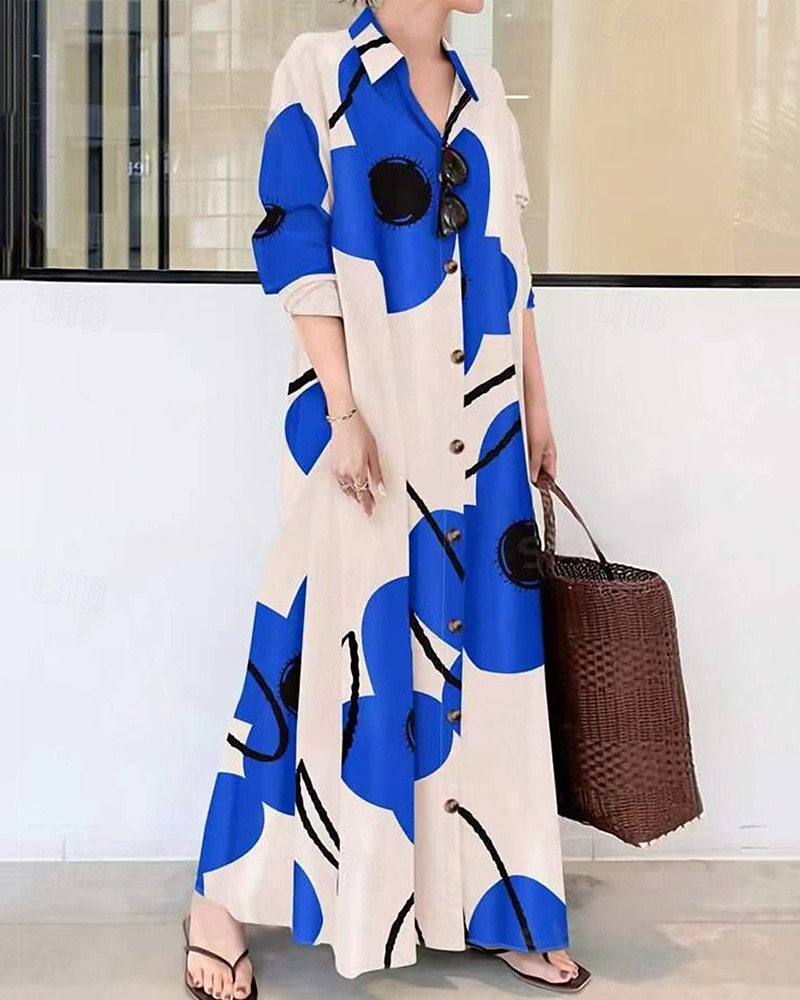 Women's Long Dress Maxi Dress Shirt Dress Casual Dress Summer Dress Stylish Casual Vacation Daily Date Regular Fit Floral Graphic Long Sleeve Lapel Black And White Black Blue Orange Summer Spring 2025 - $26.99 –P2