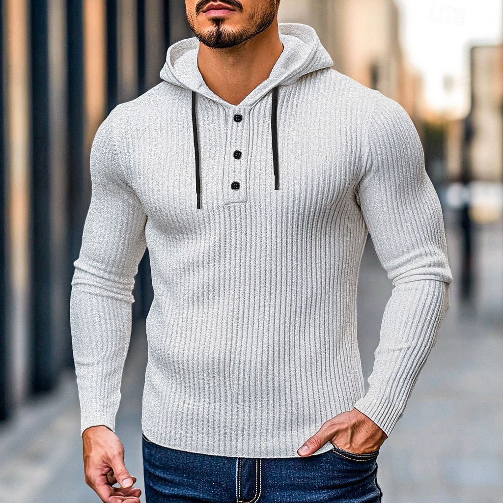 Herr Ribbstickad t-shirt T-tröja Långärmad tröja Långärmad Huva Henley Vår & Höst Ensfärgat Dagligen Ledigt Gatustil Huva Utomhus Gata Casual Ljusblå Svart Vit Topp t-shirt för män 2025 - $22.99 –P5