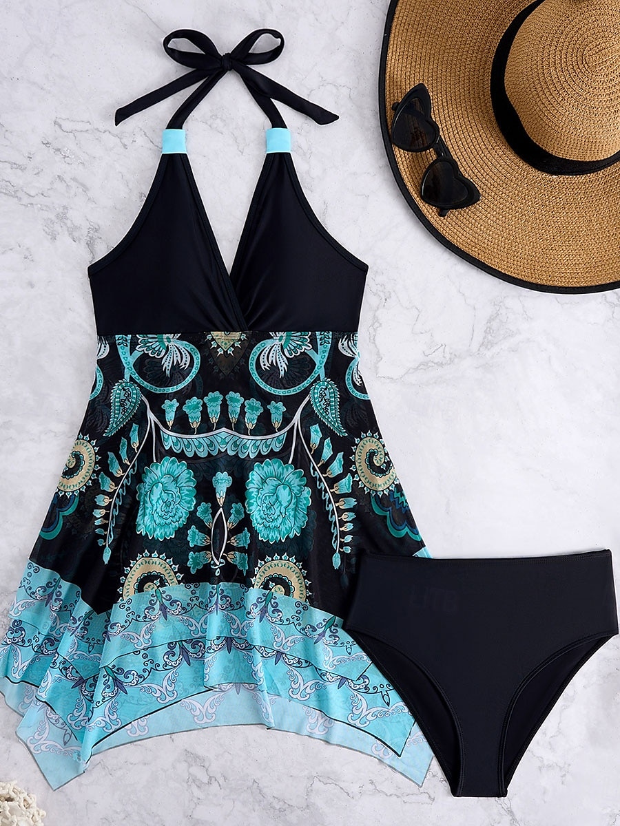 Kvinnors badkläder simklänningar 2-delad Cheeky Tankini baddräkt utan rygg hög midja smal semester strandkläder grafisk halter-hals ärmlösa baddräkter 2025 - $34.99 –P6