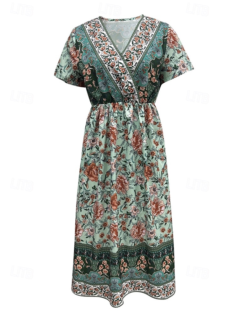 Dam Långklänning Maxiklänning Vardagsklänning A linjeklänning Sommarklänning Boho-klänning Elegant Hawaiisk Stylish Semester Dagligen Datum Normal Blommig Kortärmad V-hals Grön Sommar 2025 - $26.99 –P6