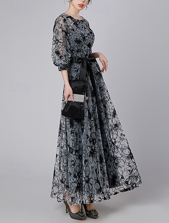 A-Linien-Kleid, formelles, elegantes Vintage-Kleid für die Mutter der Braut, durchsichtiger Rundhalsausschnitt, knöchellang, Chiffon, halbe Ärmel mit Spitzenstickerei 2025 2025 - $110.99 –P1