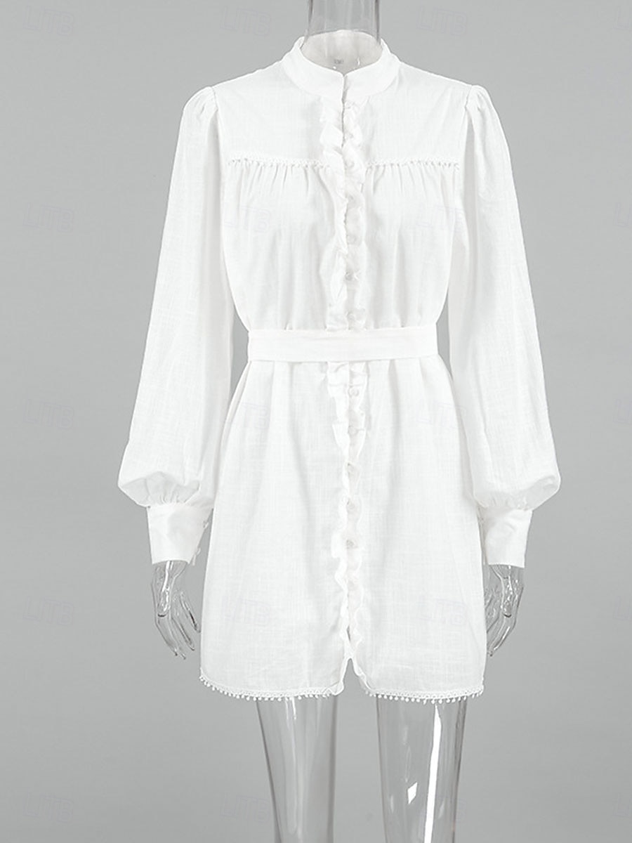 Femmes Mini Robe Robes inspirées du lin Robe en coton et lin Robe trapèze Élégant Basique Occasionnel Vacances Soirée Travail Coupe régulière Uni manche longue Col haut Blanche Été Printemps Automne de 2025 ? $38.99 –P8