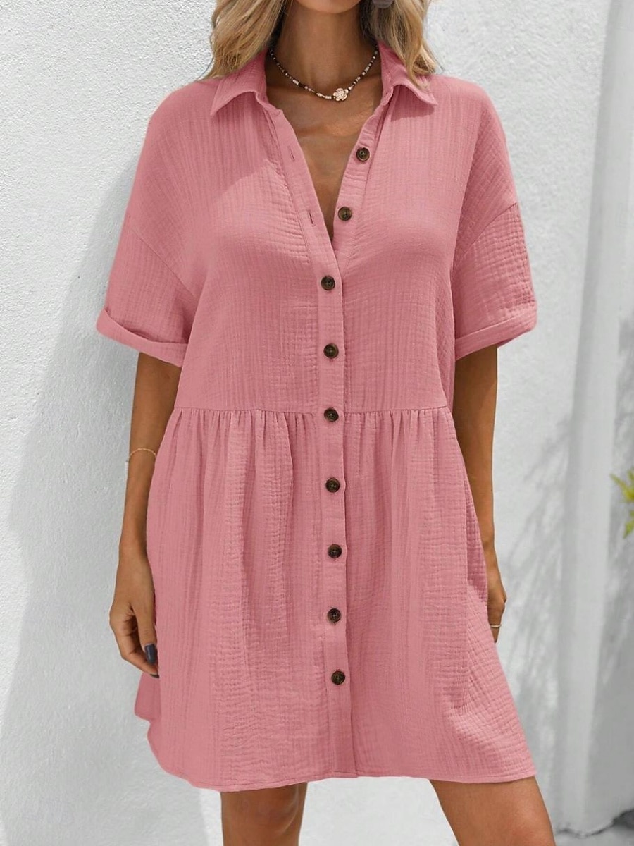 Robe-chemise courte pour femme, basique, décontractée, pour le quotidien, les vacances, coupe classique, manches courtes, col, noir, rose, abricot, été de 2026 ? $31.99 –P12