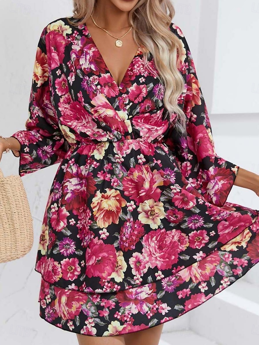 Dames Mini-jurk Casual jurk A lijn jurk Stijlvol Casual Vakantie Dagelijks Normale pasvorm Bloemig 3/4 mouw V-hals Zwart Rood Zomer Lente 2025 - $27.99 –P1