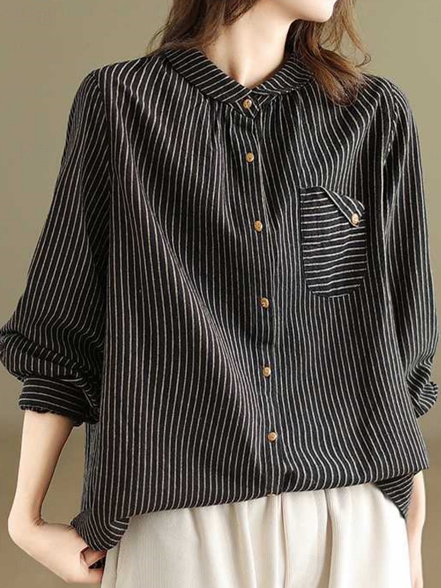 Dames Overhemd Katoenen linnen overhemden Knoop omhoog Blouse Gestreept Stijlvol Casual Lange mouw Overhemdkraag Normale tops Dagelijks Knop Afdrukken Zwart Wit Zomer Lente Herfst 2025 - $25.99 –P8