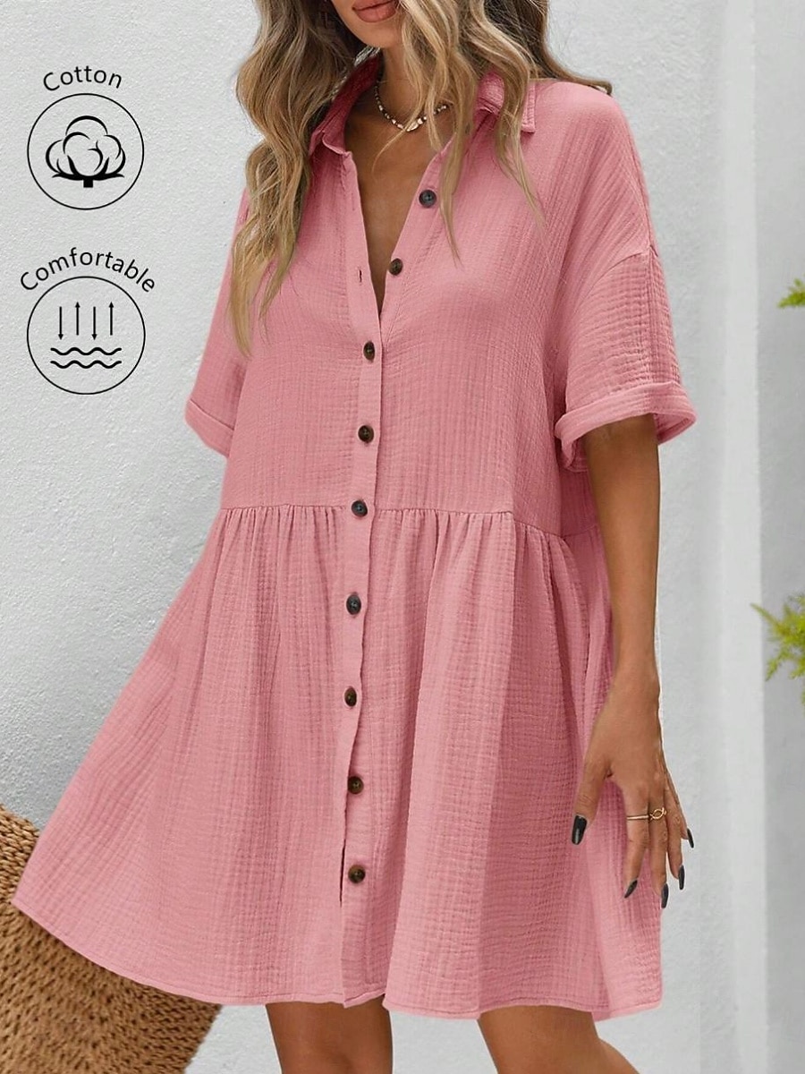 Robe-chemise courte pour femme, basique, décontractée, pour le quotidien, les vacances, coupe classique, manches courtes, col, noir, rose, abricot, été de 2026 ? $31.99 –P10