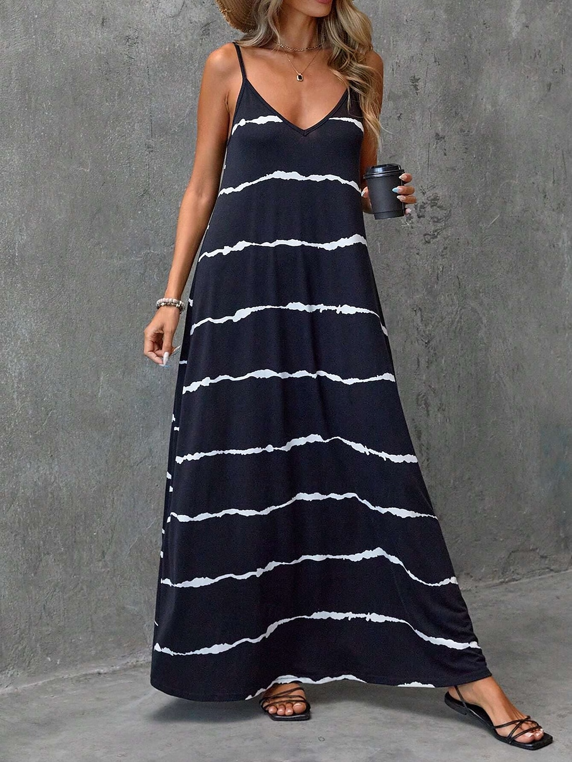 Damen Maxi Kleid Sommerkleid A-Linie Kleid Floral Kleid Bohemia Fließend Urlaub Lässig Täglich Regulär Fit Streifen Gingham Ärmellos V-Ausschnitt Schwarz Sommer Frühling 2025 - $28.99 –P3