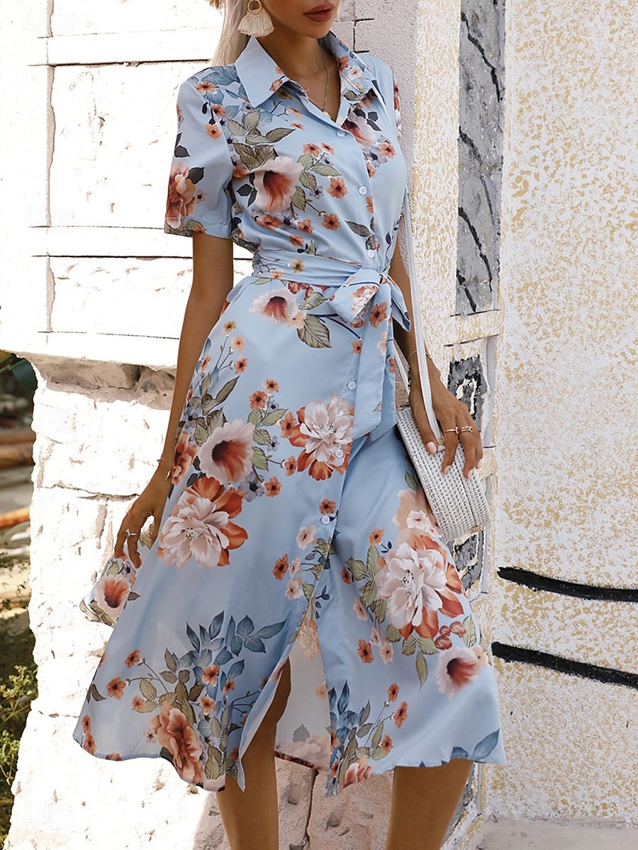 Dames Halflange jurk Casual jurk Elegant Stijlvol Casual Vakantie Dagelijks Normale pasvorm Bloemig Korte mouw Overhemdkraag Abrikoos Licht Blauw Zomer Lente 2025 - AU $48.79 –P7