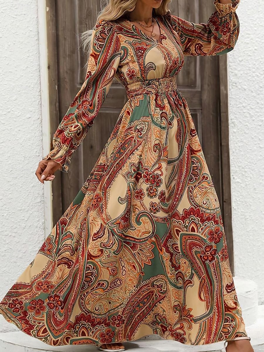 Damskie Sukienka maxi Sukienki w stylu boho Sukienka Boho Elegancki Codzienny Urlop Codzienny Regularny Kwiaty Długi rękaw W serek Czarny Zielony Khaki Wiosna Jesień 2025 - $32.99 –P1