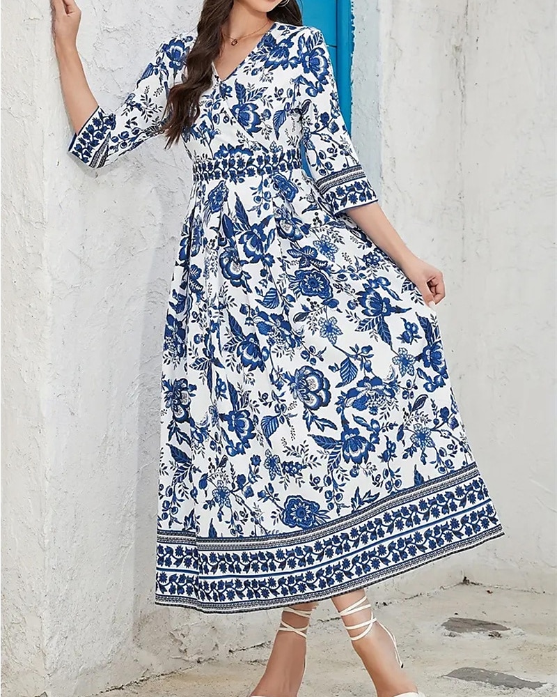Dámské Midi šaty Áčkové šaty Letní šaty Boho šaty Elegantní stylové Geleneksel Dovolená Denní Rande Běžný Květinový 3/4 délka rukávu Do V Vodní modrá Léto 2025 - $25.99 –P3