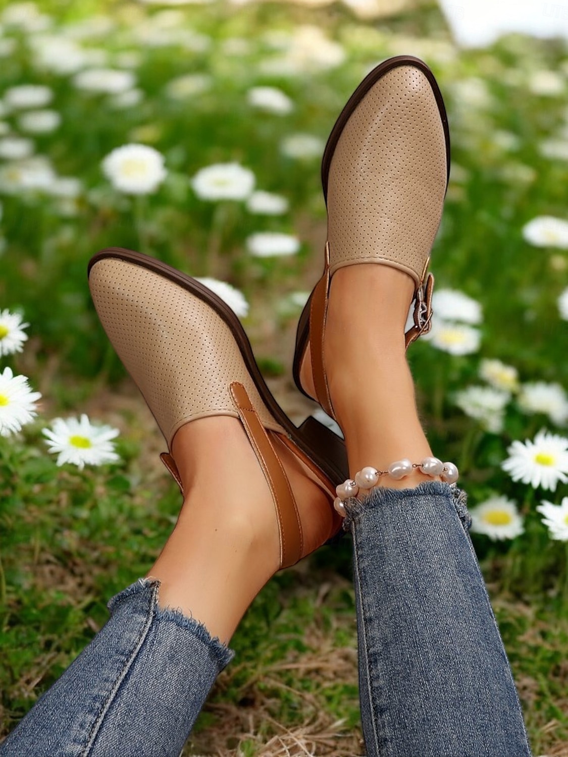 perforierte Slingback-Sandalen für Damen in Mandelform mit Blockabsatz und Schnallenriemen – bequeme und stylische Schuhe für die Arbeit und Freizeit 2025 - $26.99 -P1