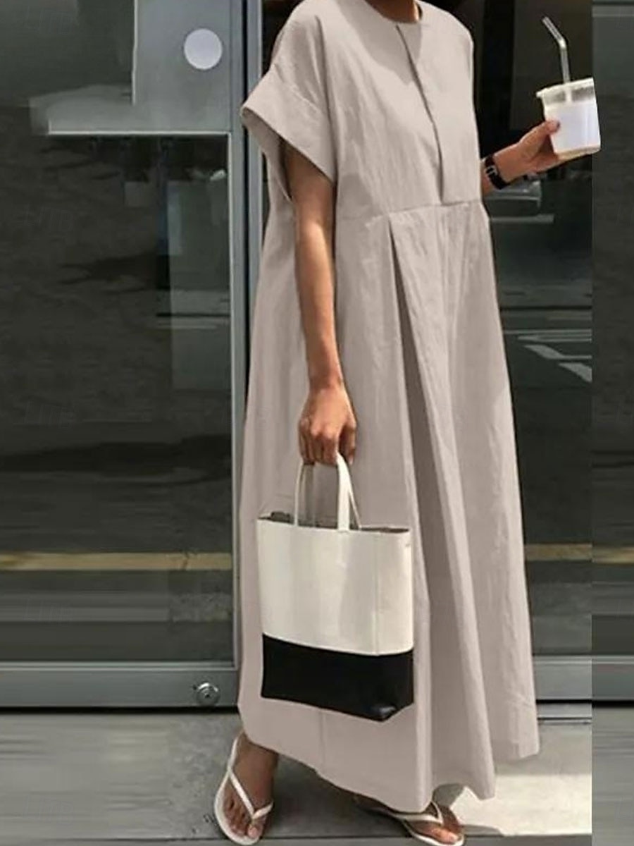 Women's Maxi Dress Cotton Linen Dresses Casual Dress Cotton Maxi Dress Basic Casual Vacation Daily Loose Fit Plain Short Sleeve Crew Neck Khaki Army Green Dark Blue Gray Summer Spring Fall 2025 - $36.99 –P1
