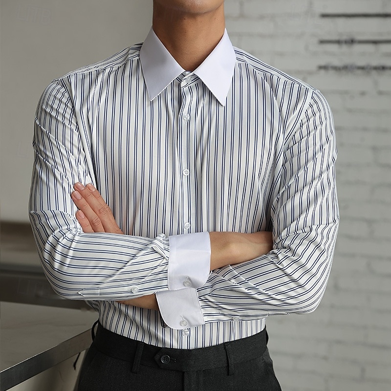 Hombre Camisa Camisa para Vestido Abotonar la camisa Raya Boda Fiesta Negro Azul Piscina Verde Oscuro Verde Trébol Manga Larga Diseño Primavera & Otoño Ropa 2025 - $49.99 –P4