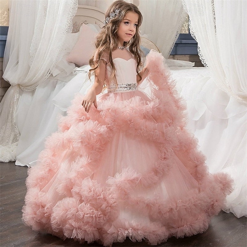 Vestido para Meninas das Flores Crianças Para Meninas Vestido de princesa Espetáculo Casamento Festa Elegante Lindo Com Transparência Côr Sólida Sem Manga Ombro a Ombro Branco Rosa 4 anos + de 2025 por $110.99 –P1