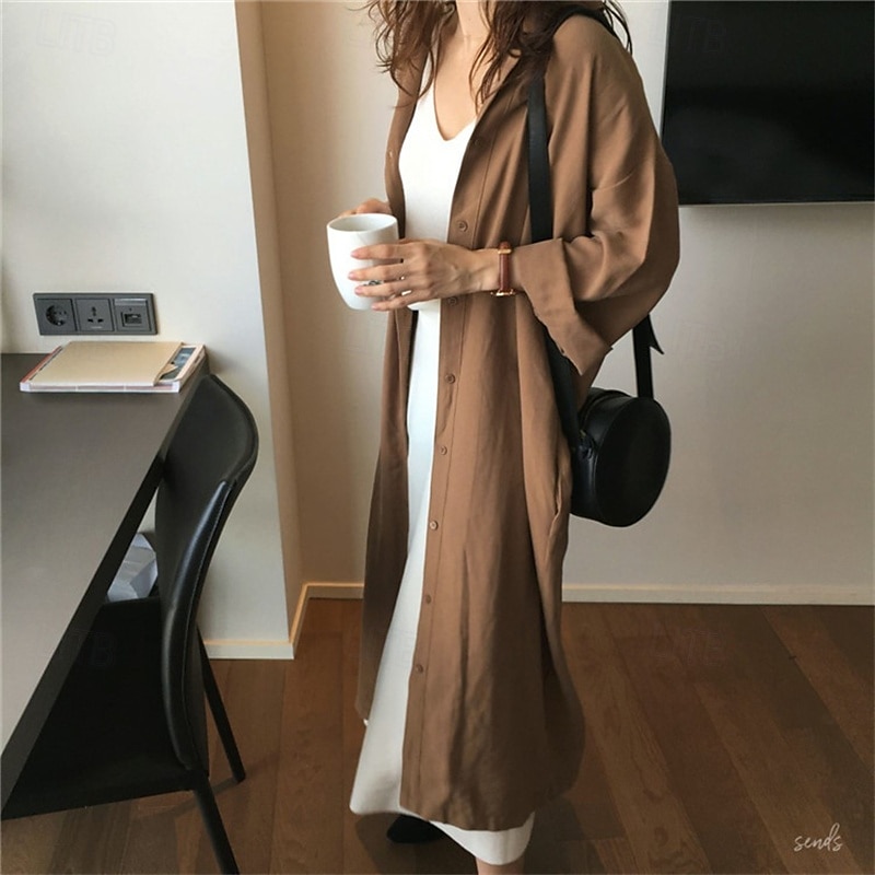 női hosszú ruha maxi ruha ing ruha alkalmi ruha stílusos alkalmi vakáció napi randevú sima hosszú ujjú hajtóka sötétkék barna zöld nyár tavasz 2025 - $26.99 –P5