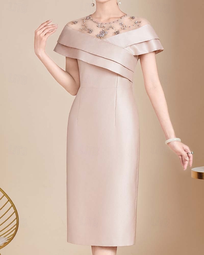 Mutter der Braut Kleid Tee-Länge Elegant Vintage Einfach Rundhalsausschnitt Satin Tüll Kurze Ärmel mit Falten Cascading Rüschen Diamant Einfarbig Derby Kleid Renntag Kleid 2025 2025 - $175.99 –P2