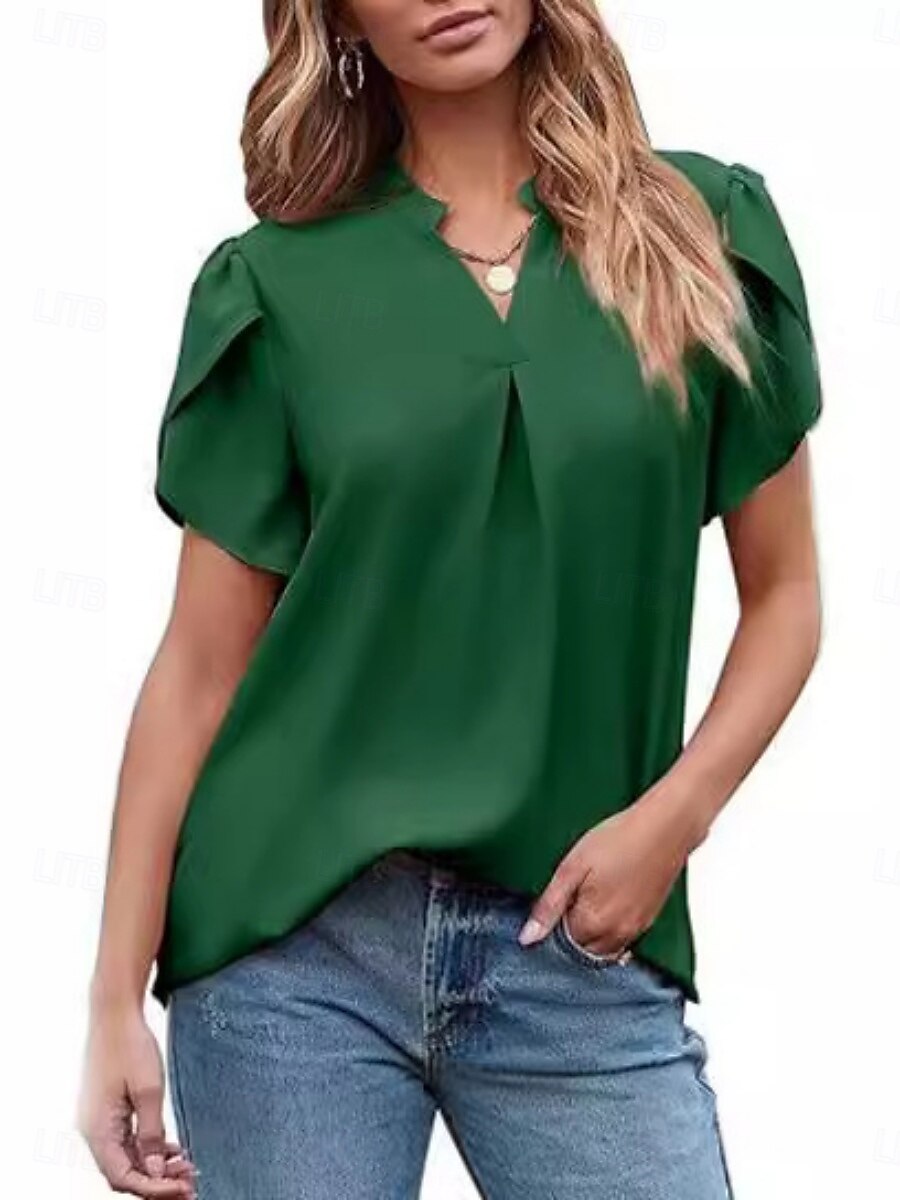 Dames Overhemd Blouse Effen Kleur Basic Casual Korte mouw Gekerfde nek Normale tops Dagelijks Blozend Roze Groen Zomer 2025 - $26.99 –P5
