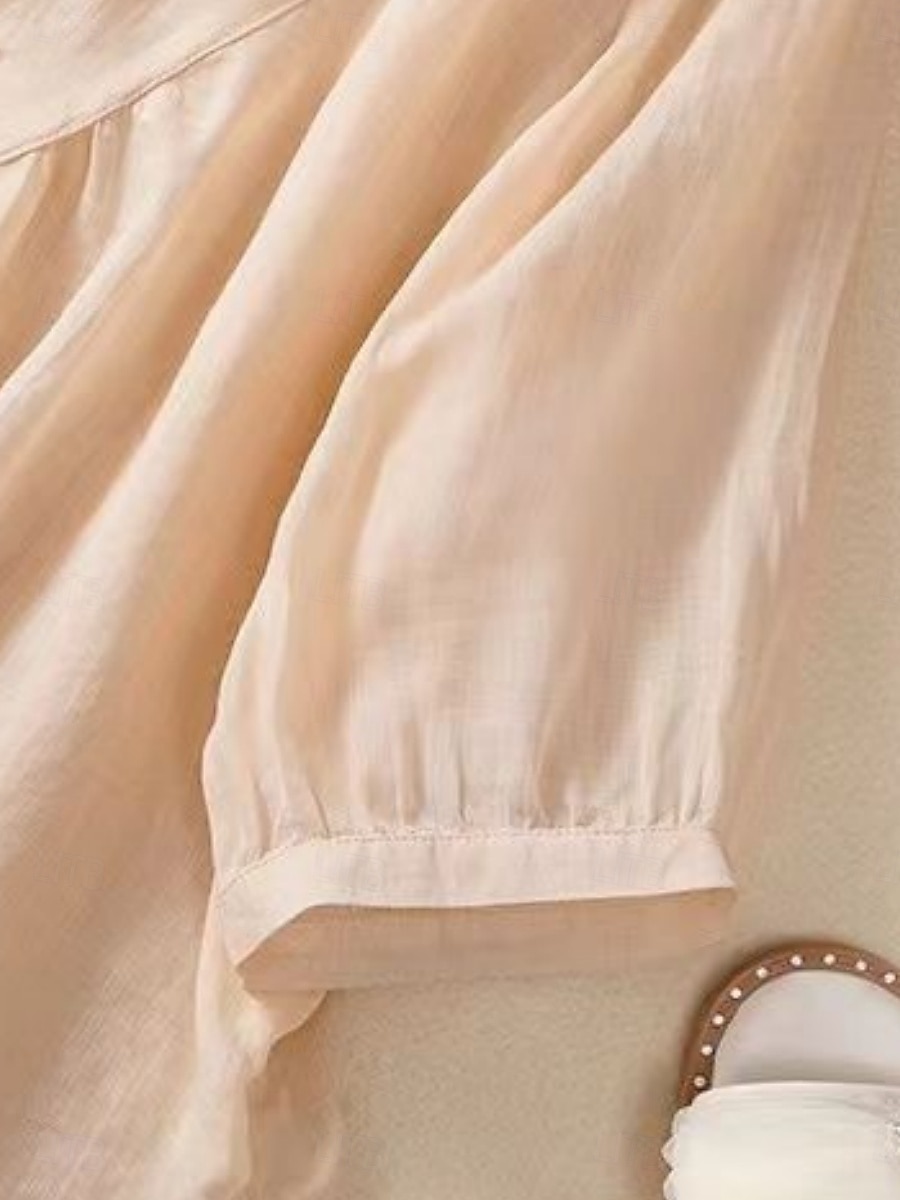 Dame Skjorte Bluse Skjorter i bomullslin Helfarge Grunnleggende Fritid 3/4 ermer Crew-hals Vanlige topper Daglig Broderi Hvit Rosa Blå Kakifarget Sommer Vår 2025 - $21.99 –P9